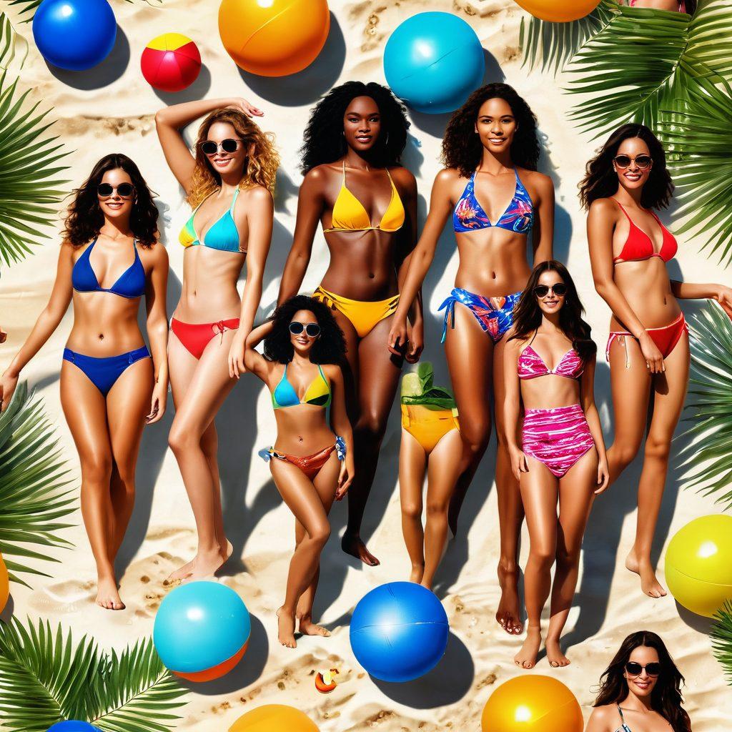 A radiant beach scene showcasing diverse models of various body types confidently wearing trendy bikinis, surrounded by lush palm trees and golden sand. The sunlight sparkles on the ocean waves, creating a vibrant atmosphere. Include playful beach accessories like colorful beach balls and towels to enhance the lively summer vibe. super-realistic. vibrant colors.